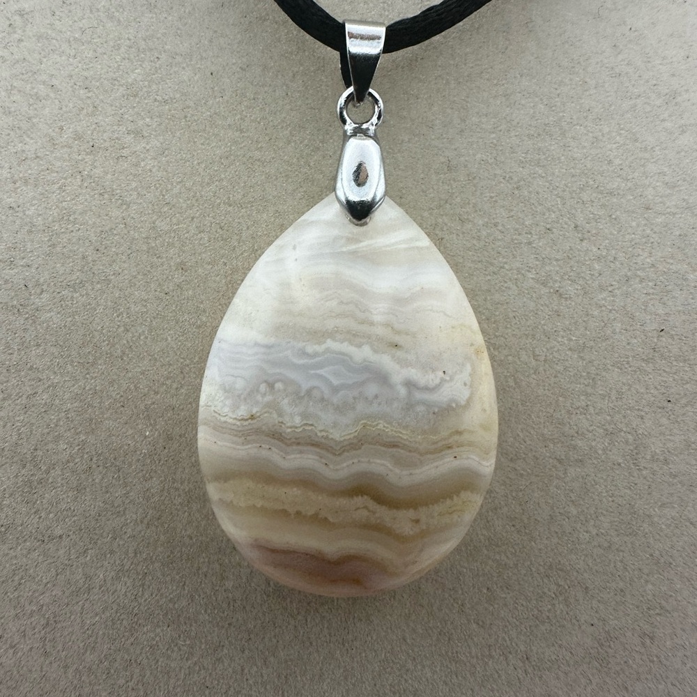 Banded Agate Teardrop Pendant Necklace on Black Satin Cord - Picture 2 of 7
